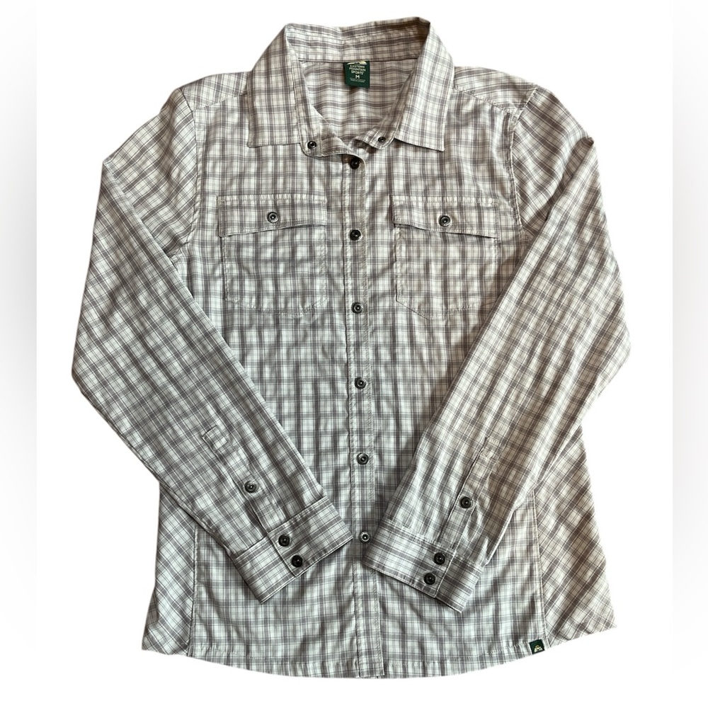 USED EASTERN MOUNTAIN SPORTS UPF LONG SLEEVE BUTTON UP SHIRT. Purple/white. MED